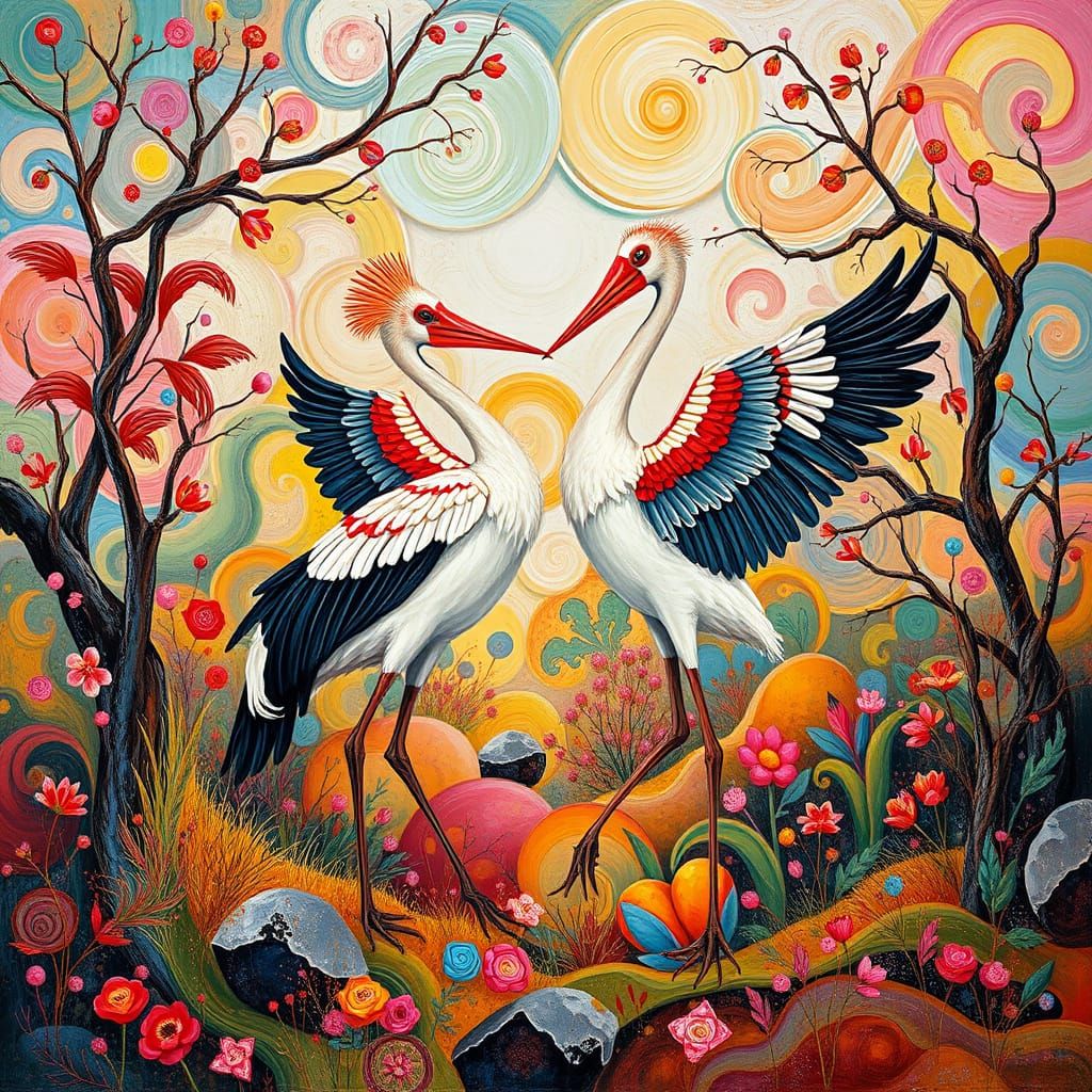 Whimsical Bushland Dancers in Neo-Impressionist Gouache