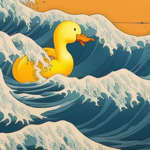 Yellow Rubber Duck Rides the Great Wave