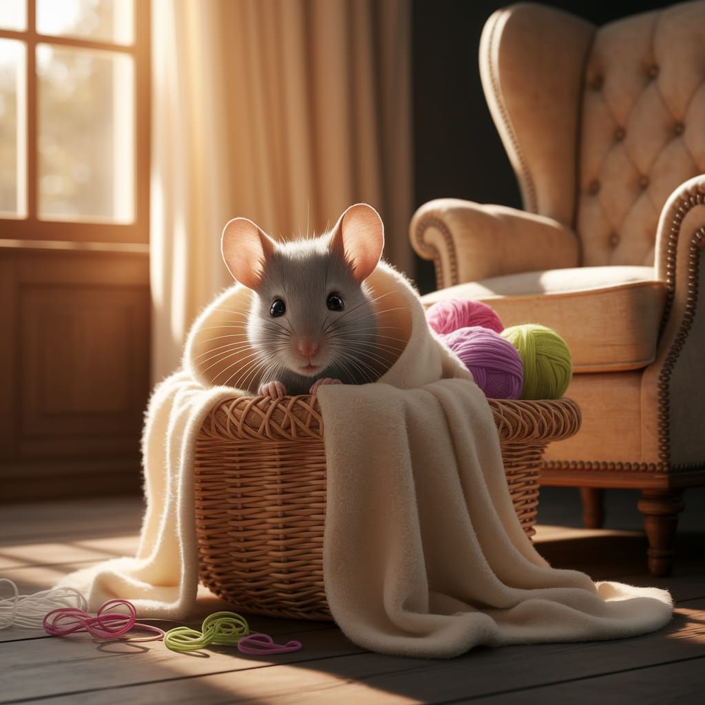 Shy Mouse in Basket Bathed in Sunlight
