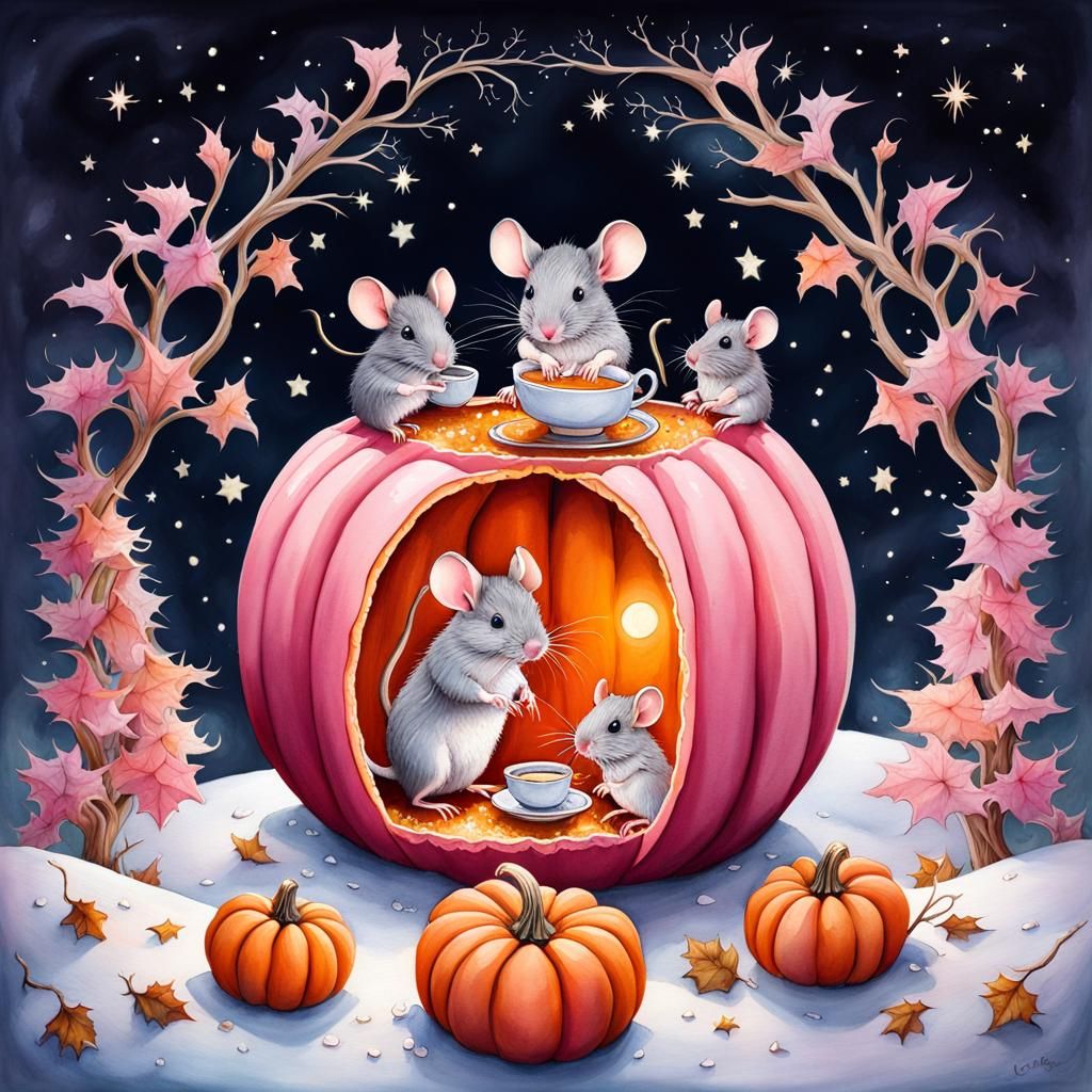 Mice Tea Party in Pink Pumpkin, Watercolor Winter