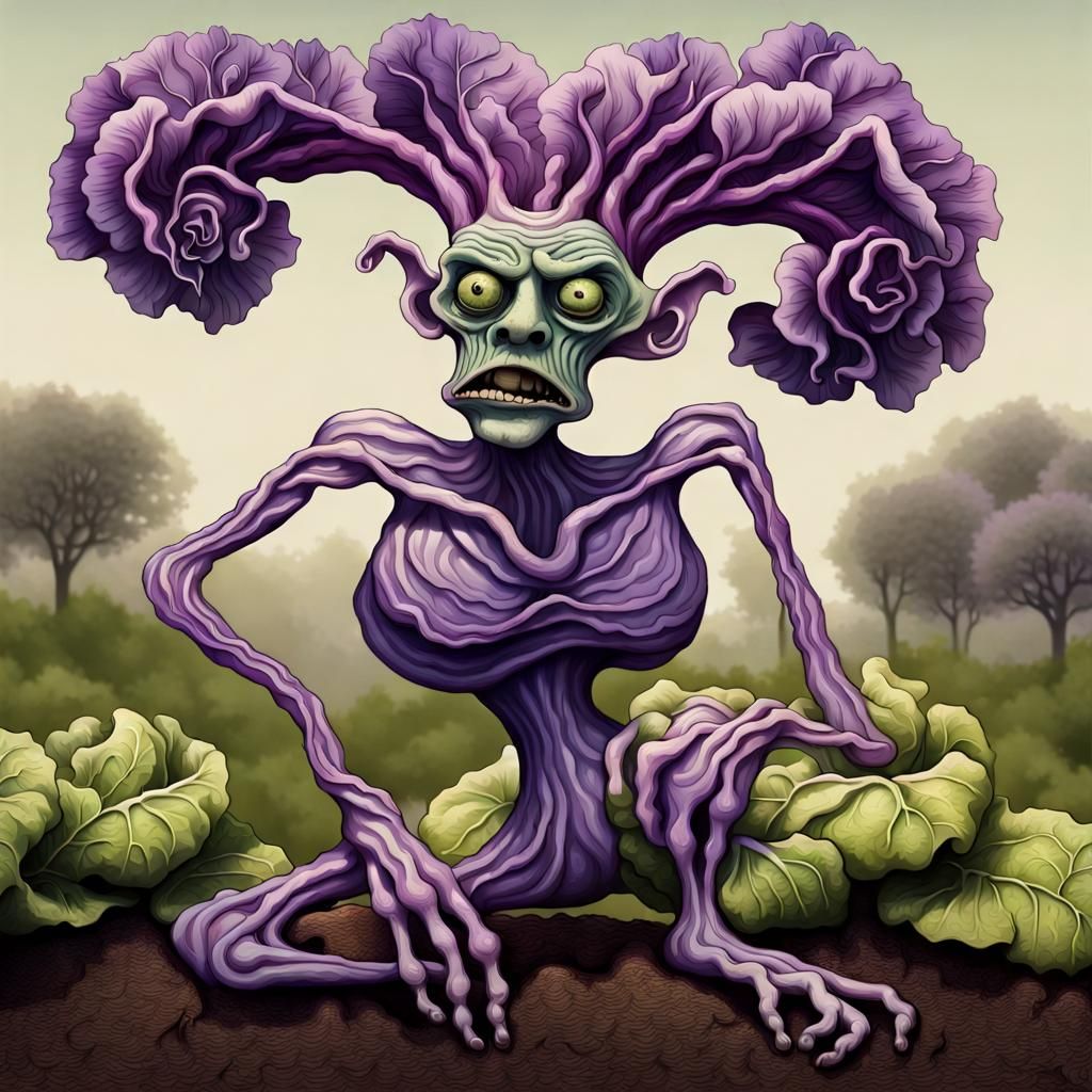 Whimsical Cabbage Zombie in Surreal Garden