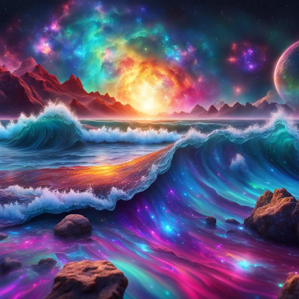 Cosmic Crystal Ocean Reflecting Nebulas, Astral Illustration
