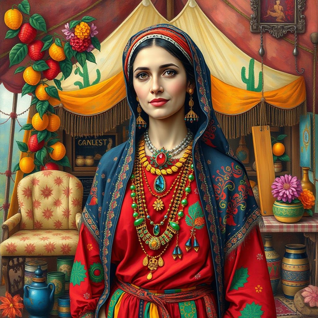 Romani Woman in Vibrant Caravan Setting, Inspired by Hundert...