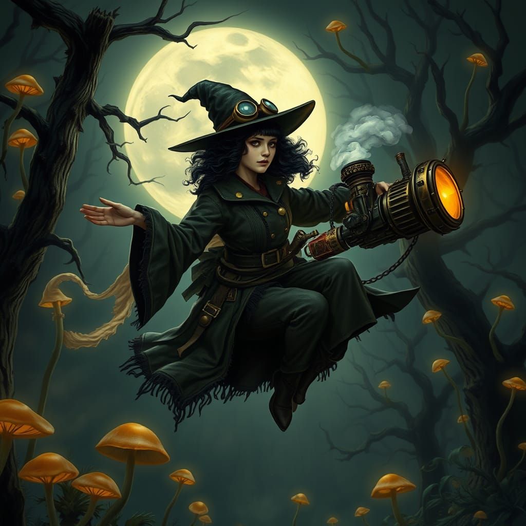 Mystical Witch Soars Through Moonlit Forest in Steam-Powered...
