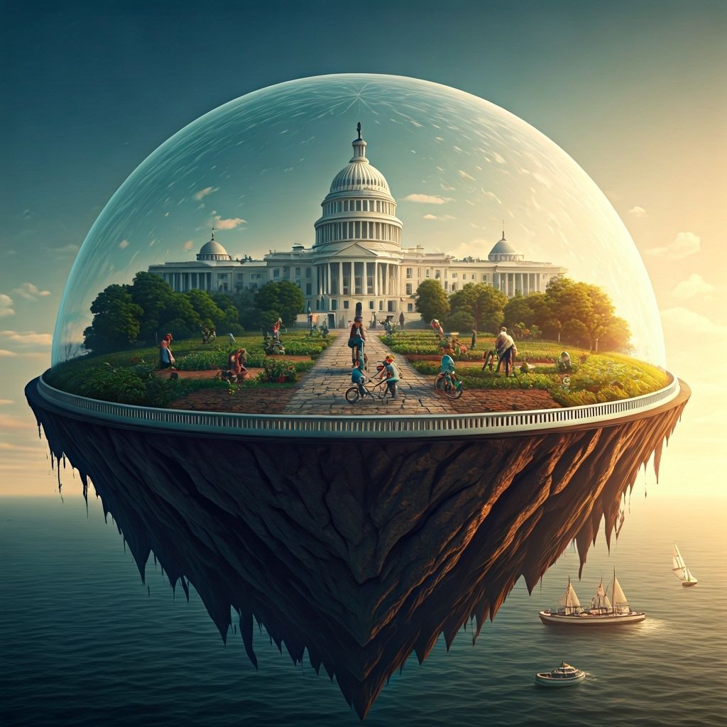 Floating Island Community Above D.C. in Matte Painting Style