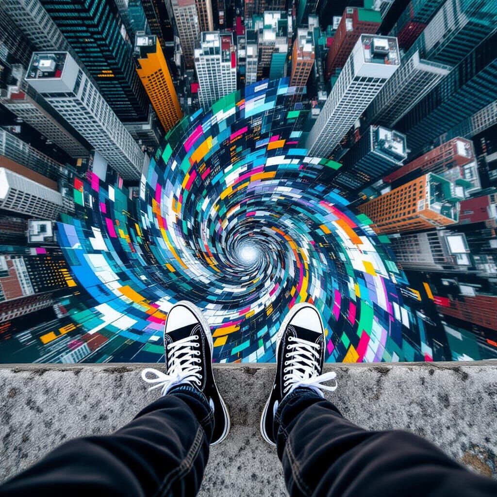 First Person View From Skyscraper Edge Overlooking City Vort...