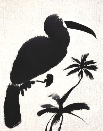 Toucan with Coconut: Black Ink Painting on Beach