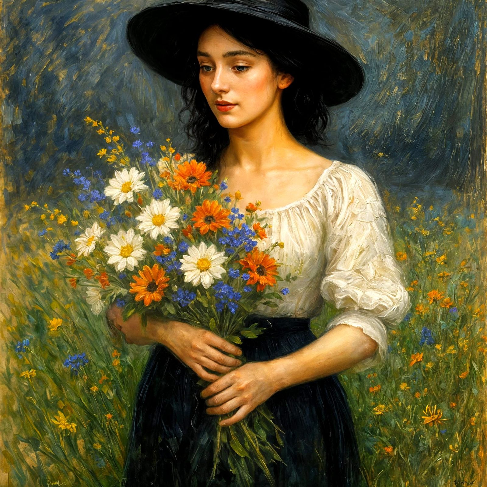 Woman with Flowers in Oil Painting Style