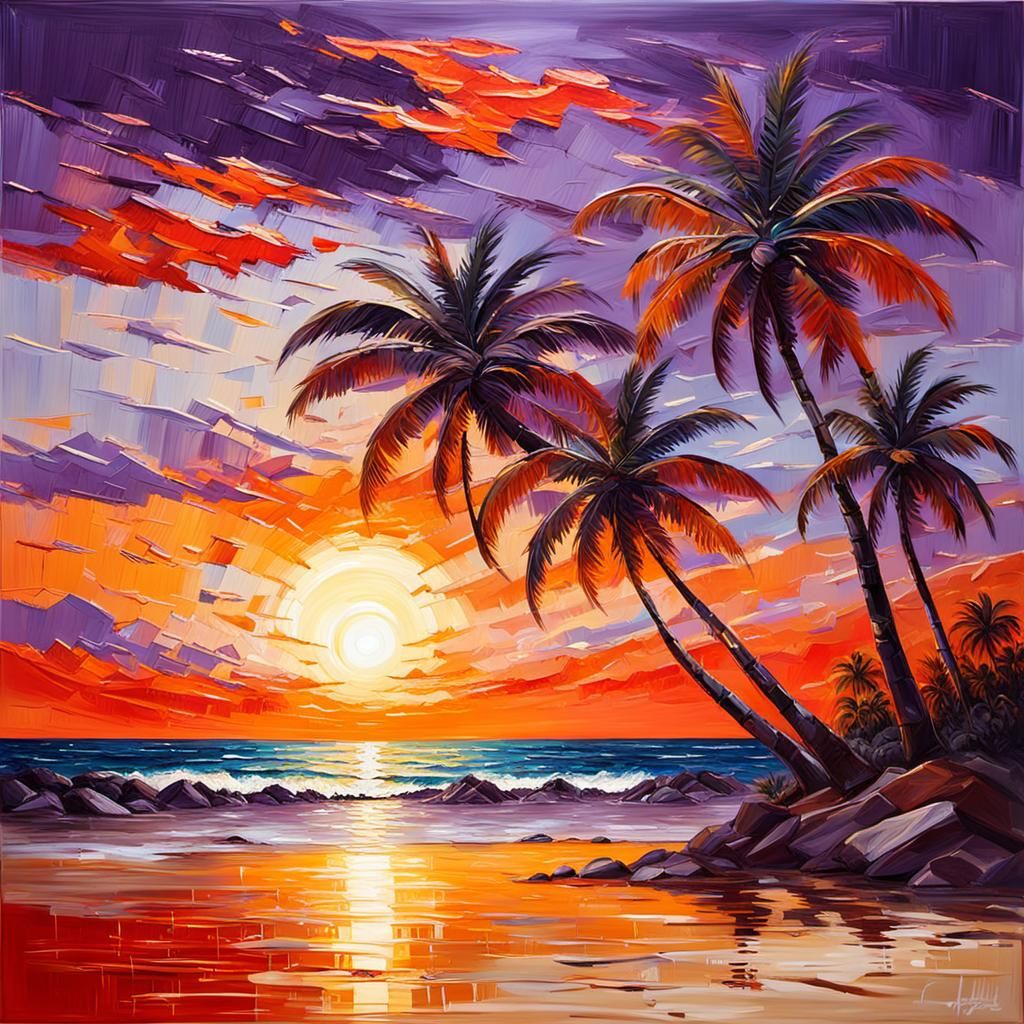 Palm Trees Swaying: Impasto Sunset Painting