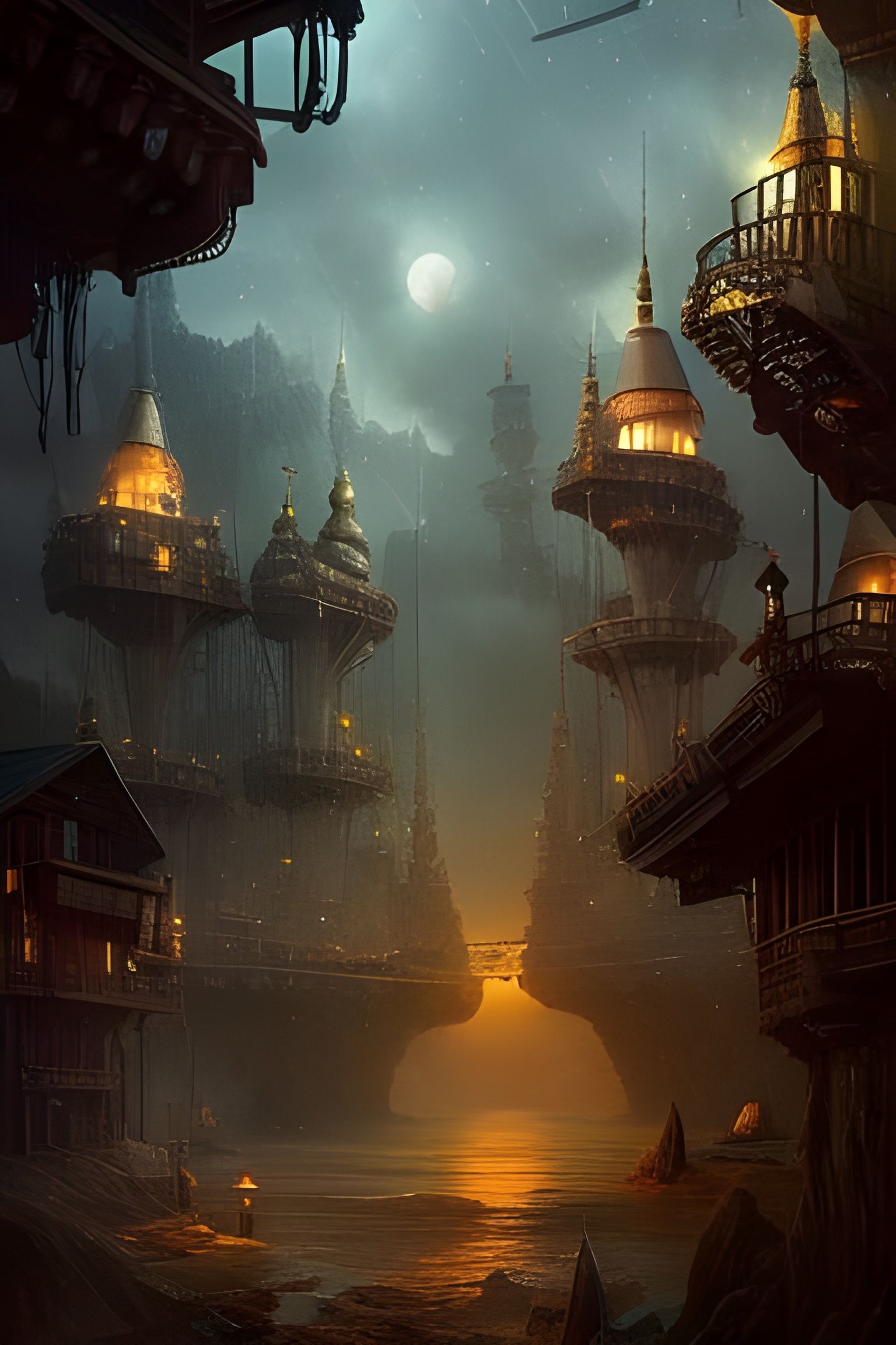 Dramatic Moonlit Night in Digital Matte Painting Style