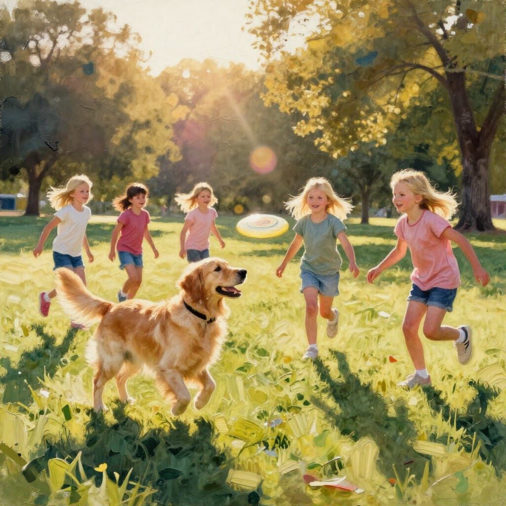 Joyful Children Play with Golden Retriever at Golden Hour
