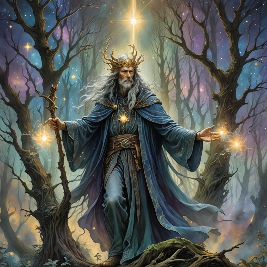 Ethereal Sorcerer Tarot Card in a Fantasy Forest