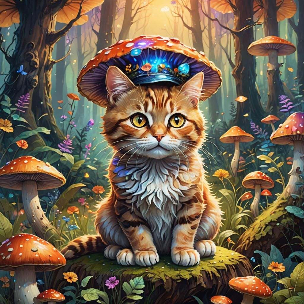 Cute Cat on Mushroom in Mystical Forest