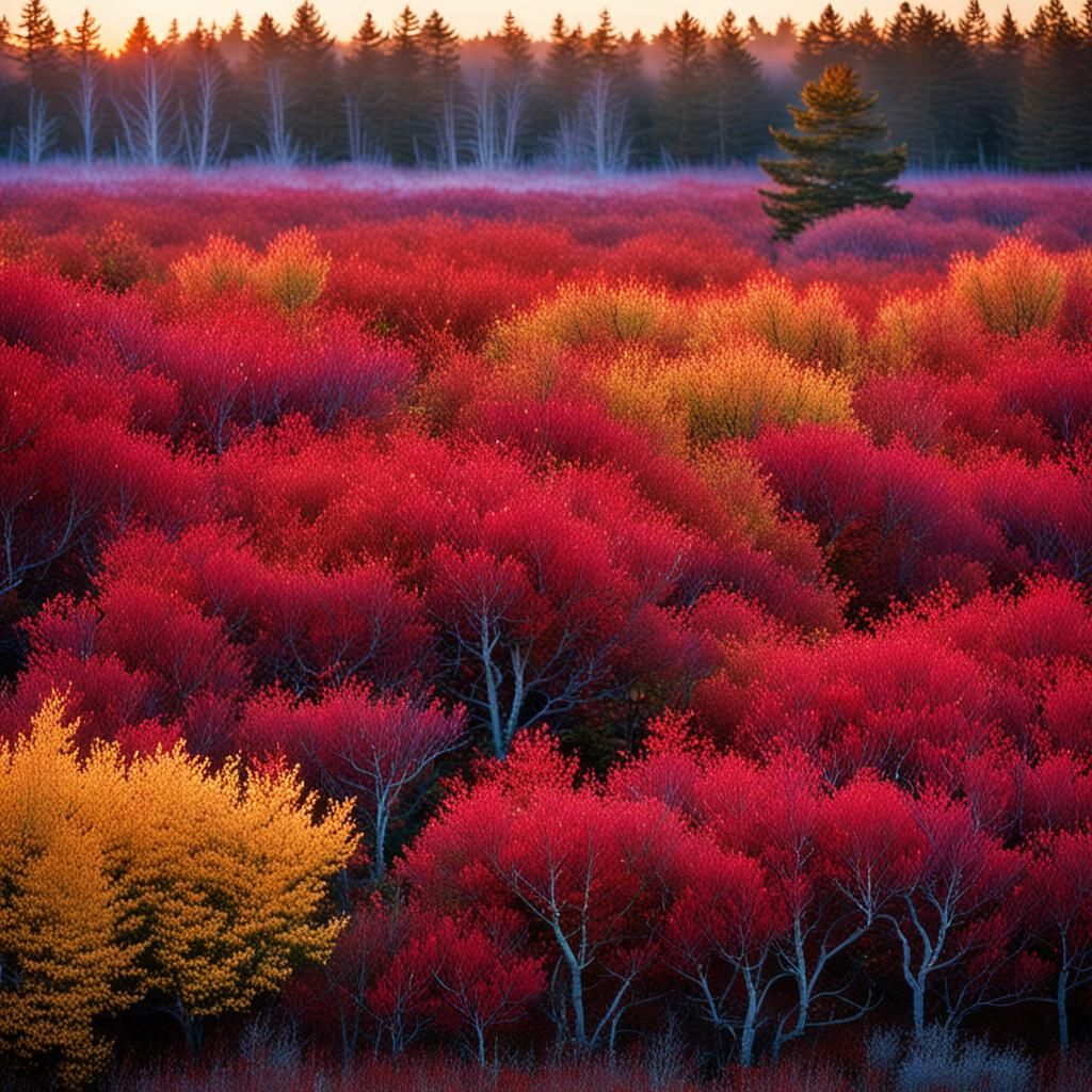 Autumn Blueberry Bushes in Maine at Sunrise