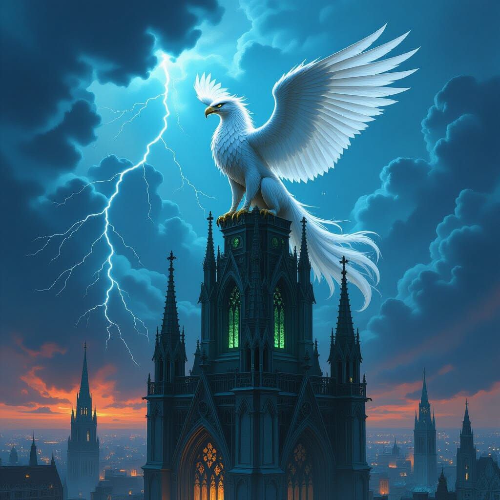 Griffin Perched on Gothic Cathedral in Dark Fantasy Style