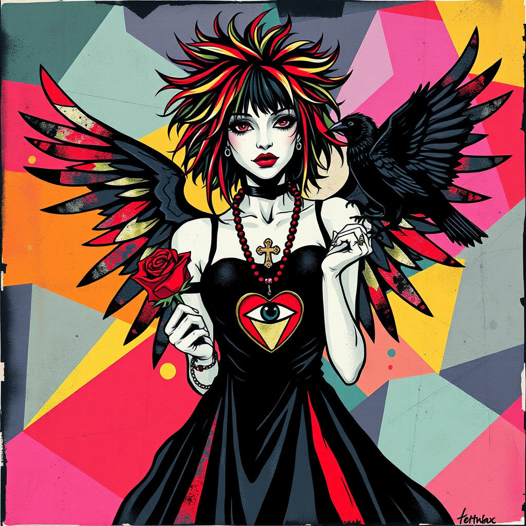 Goth Punk Woman with Geometric Wings in Graffiti Style