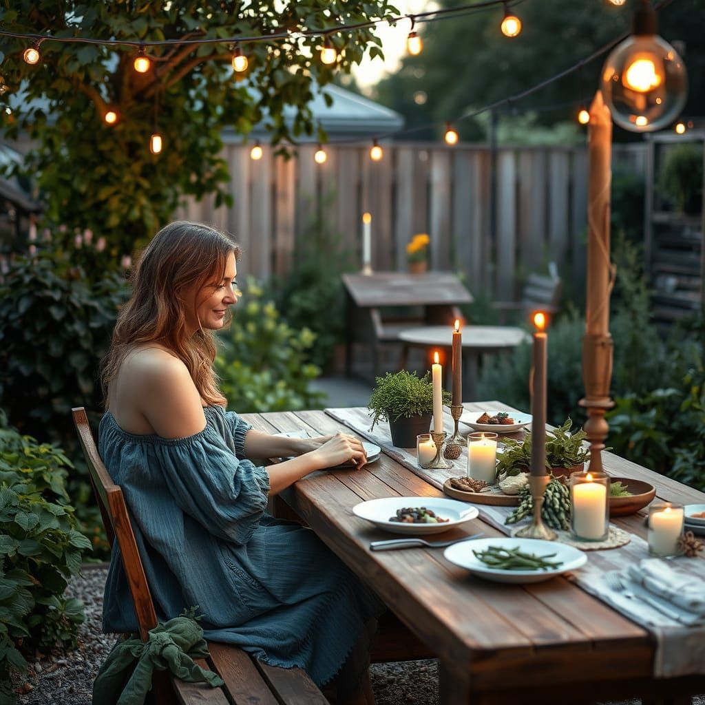 Cozy Outdoor Dinner in Lush Garden with String Lights