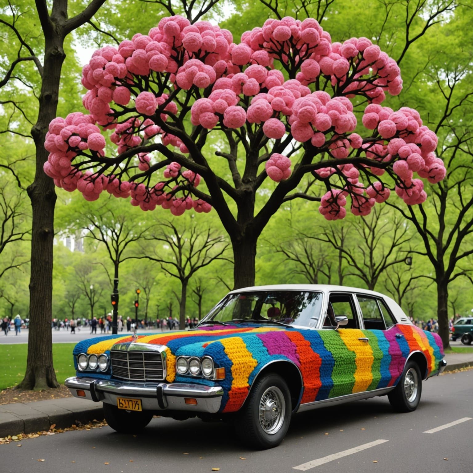 Vibrant Pop Art Scene with Crochet Trees and Car in Central...