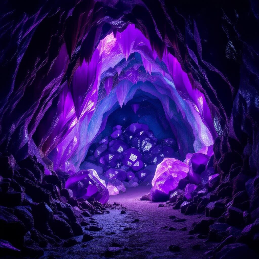 Amethyst Mine Glowing in Dark Cave, Cinematic Film Still