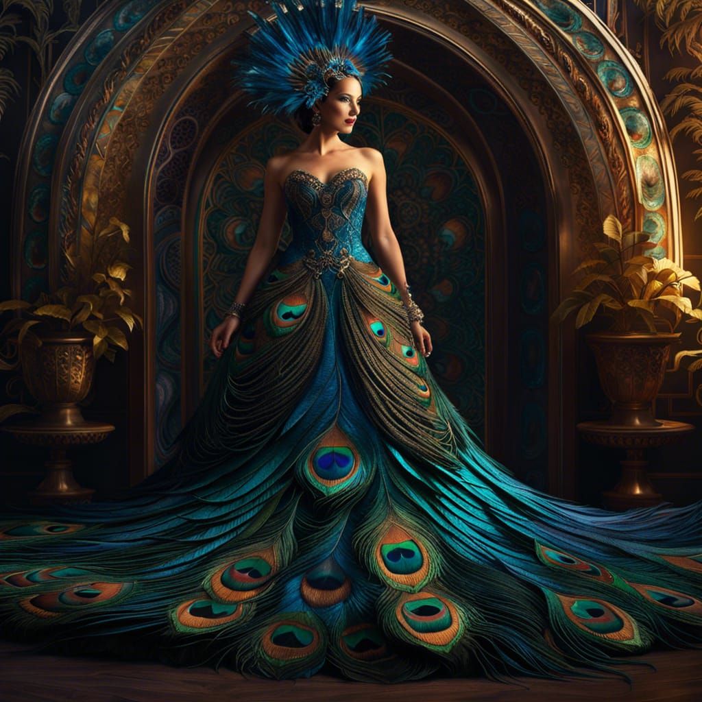 Peacock Feather Dress: Maximalist Fantasy Art