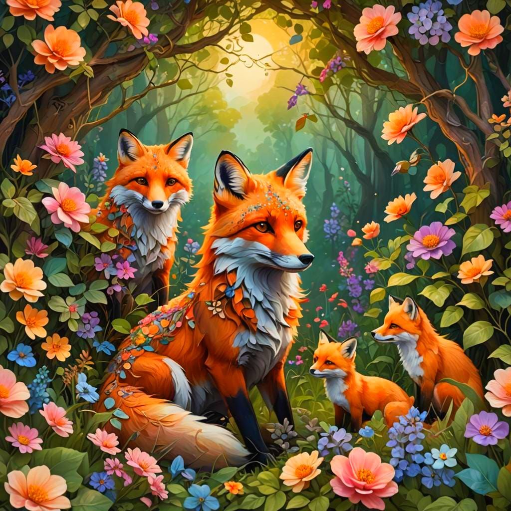 Fox and Pups in Floral Vines