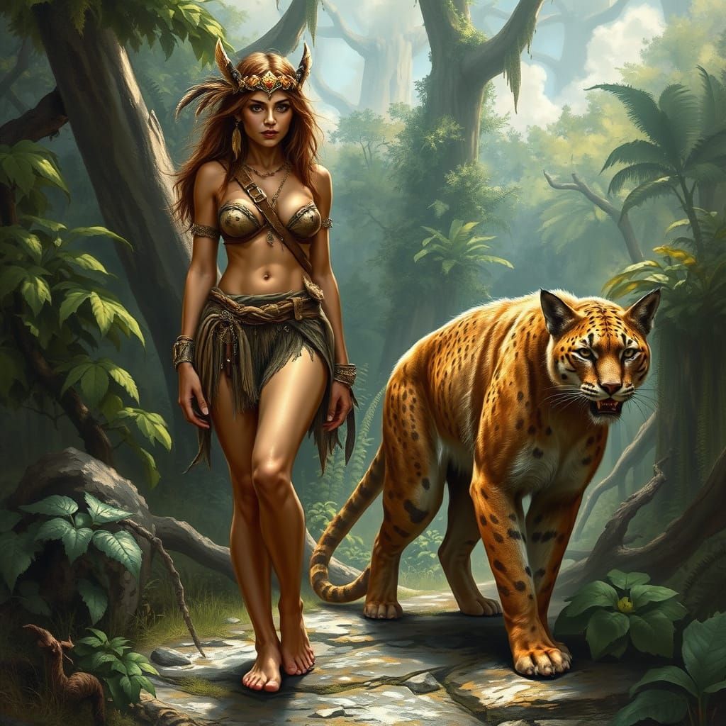 Cavewoman and Sabretooth in Lush Jungle Art