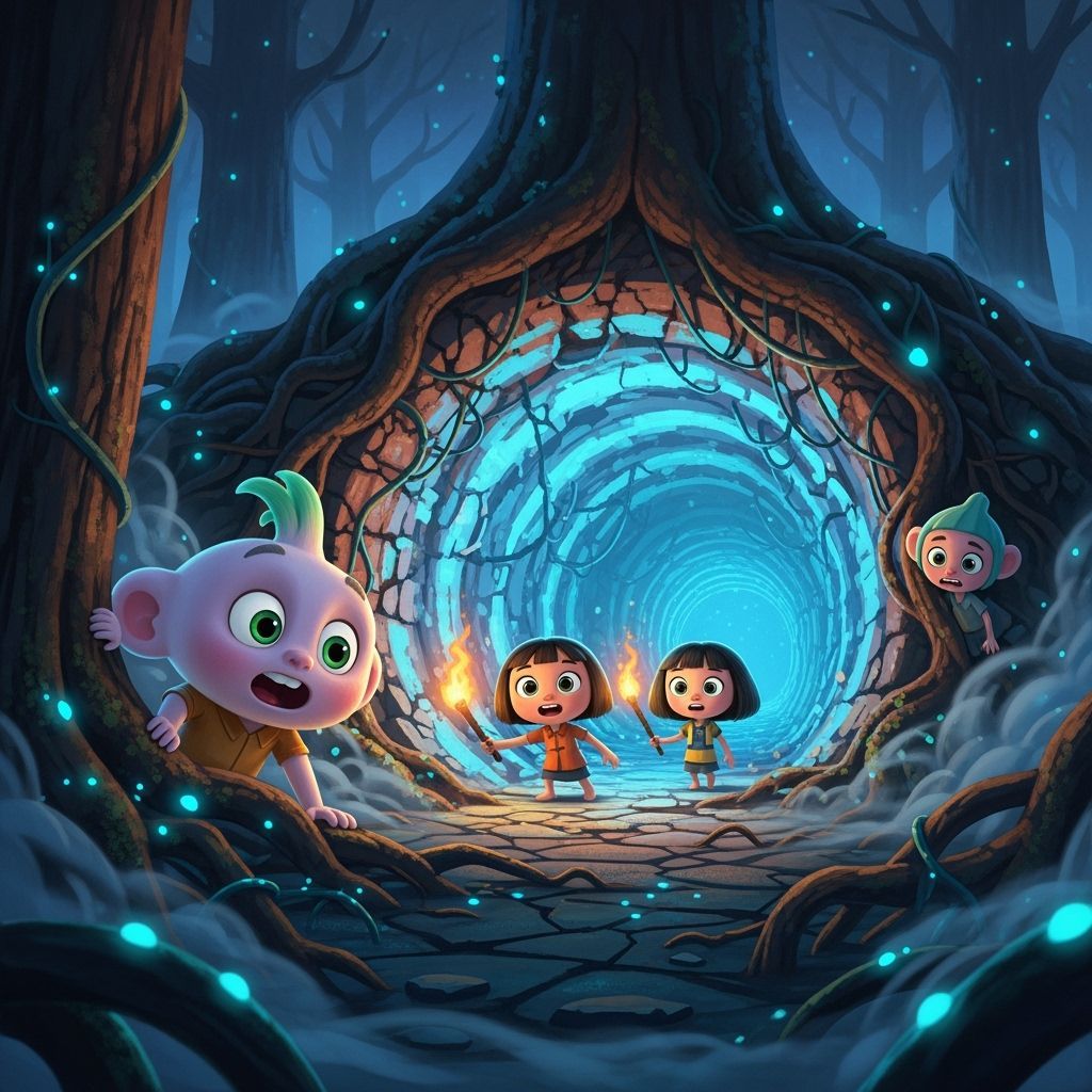Mysterious Glowing Tunnel Entrance with Eager Characters