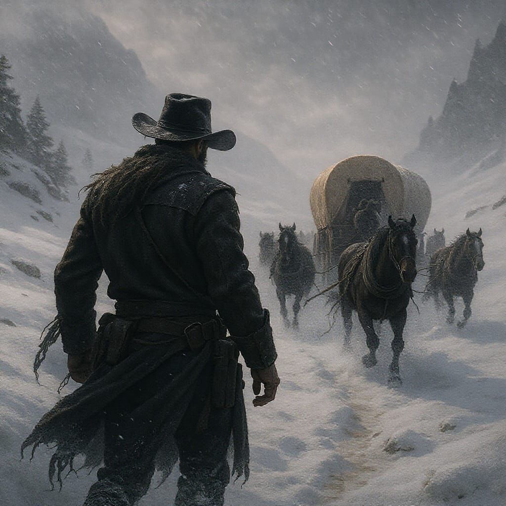 An Old West wagon train plodding its way through deep mounta...