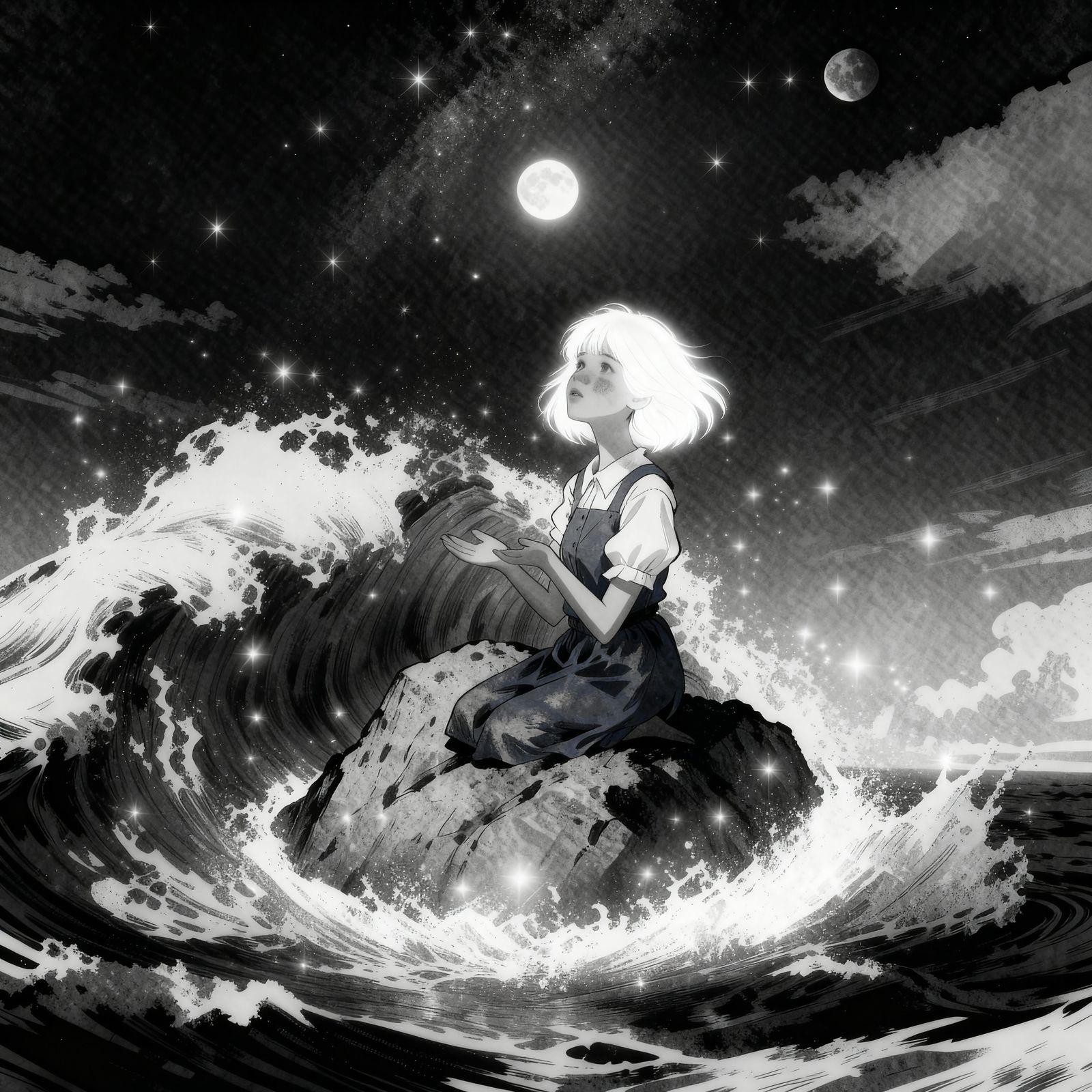 Woman in Prayer with Luminous Black and White Hair