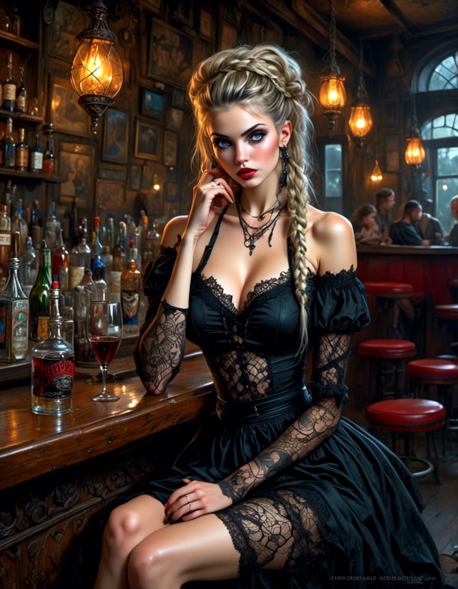 Edgy Pin-Up Girl at Bar in Fantasy Style
