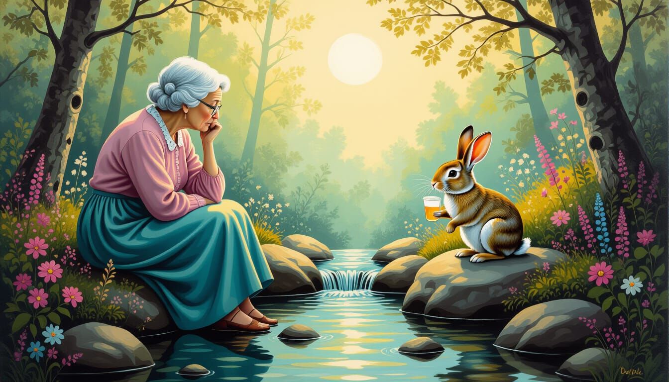 Old Lady and Rabbit by Brook, Surrealist Gouache Painting