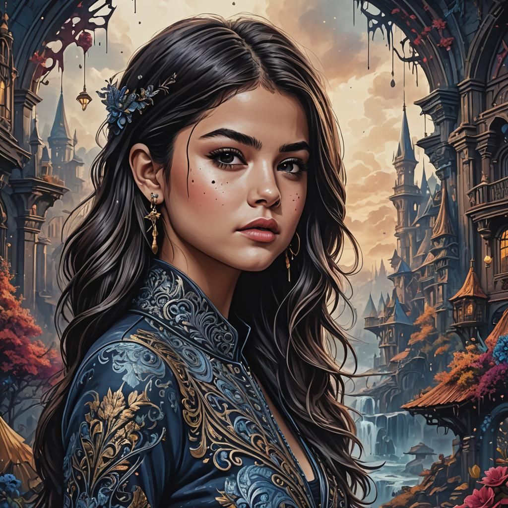 Ink Drawing of Selena Gomez - Detailed Matte Painting