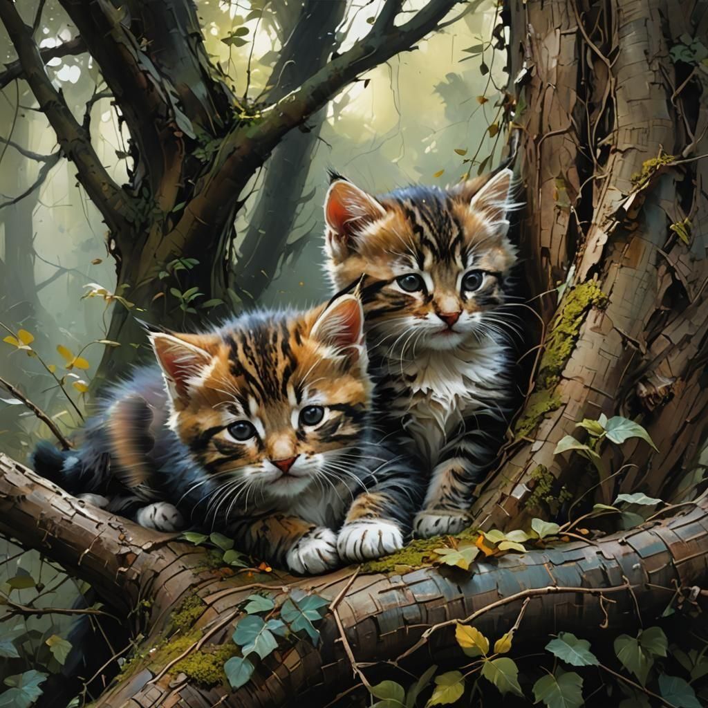 Kittens Play in a Sunlit Tree