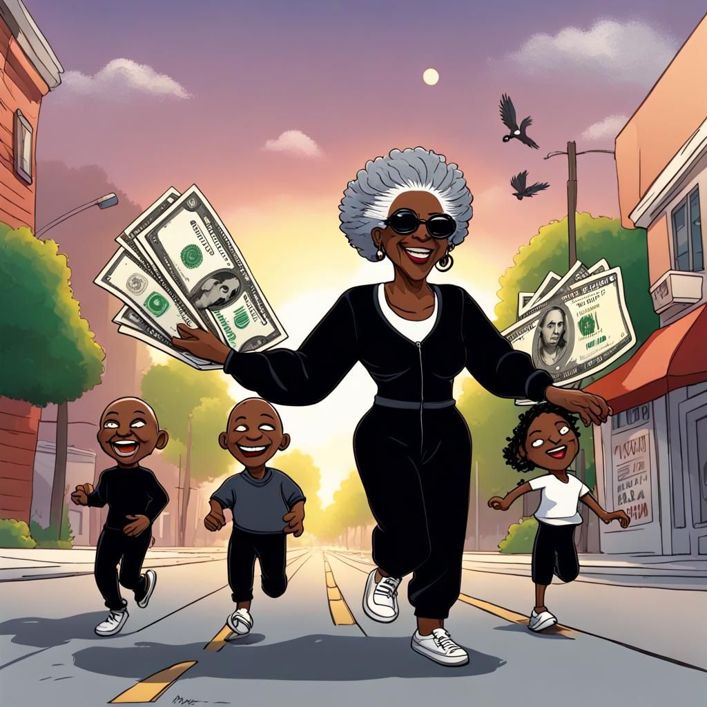 Cartoon Grandma Puppet Street Chase in Detailed Matte Painti...