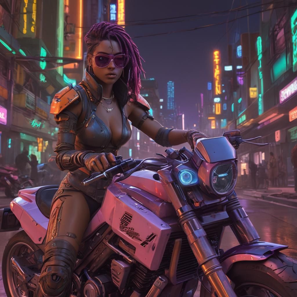 Cyberpunk Woman on Motorcycle in Afrofuturist Cityscape