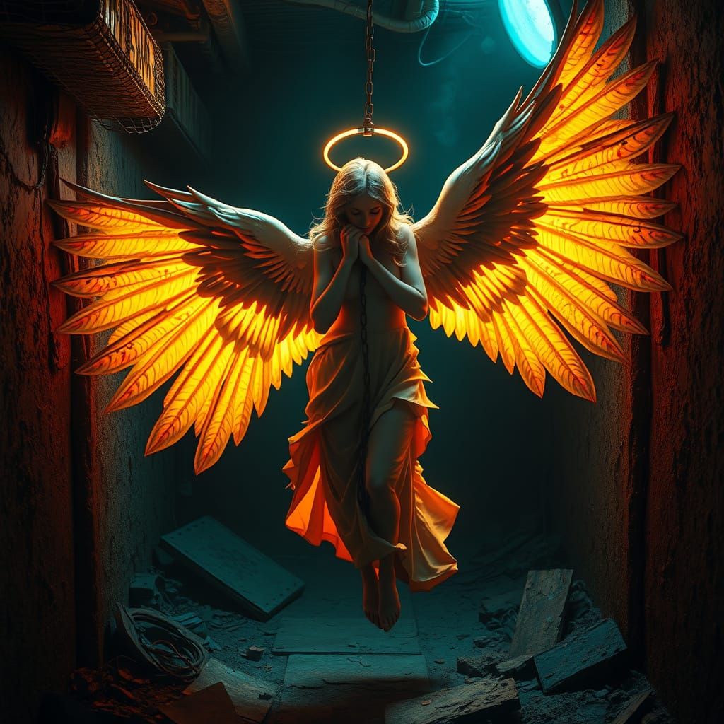 Chained Angel in Dark Basement, Hyperdetailed Art