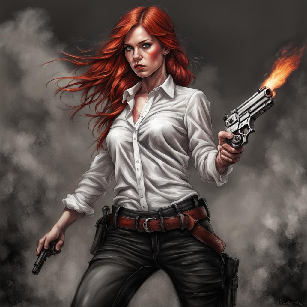 Fantasy Gunslinger Charcoal Drawing on Battlefield