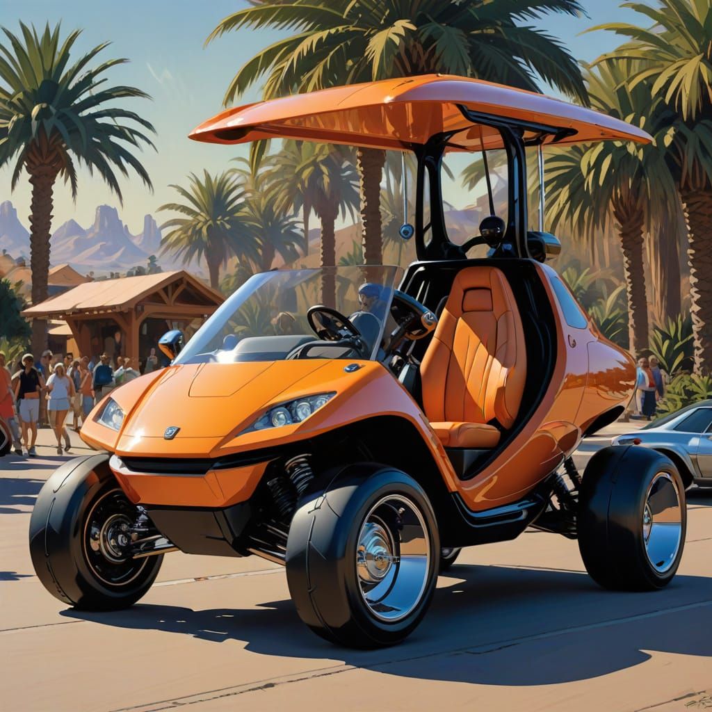 art by Syd Mead, full race low rider futuristic hydrogen powered golf cart, cool donk wheels, fabulous paint job