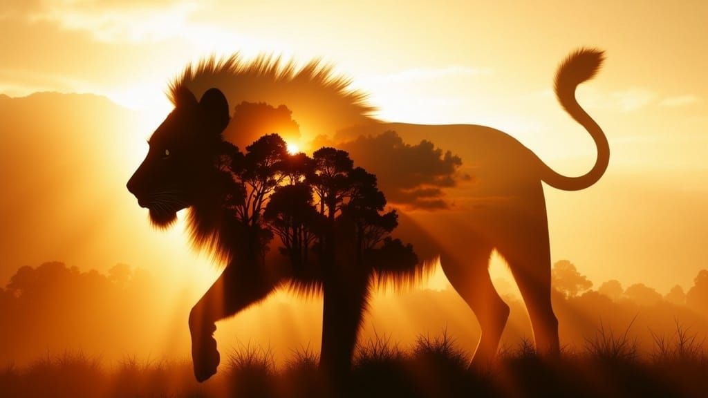 Regal Cat Transforms into Lion in Double Exposure Art