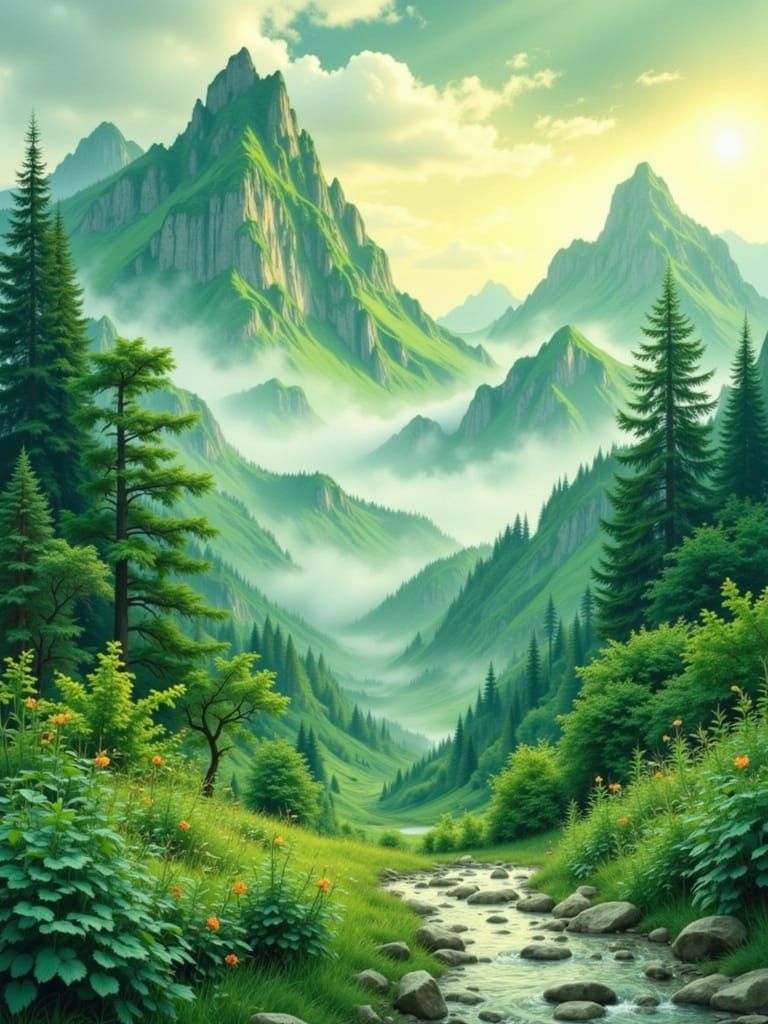 Alpen Nouveau: Watercolor Landscape in Art Nouveau Style