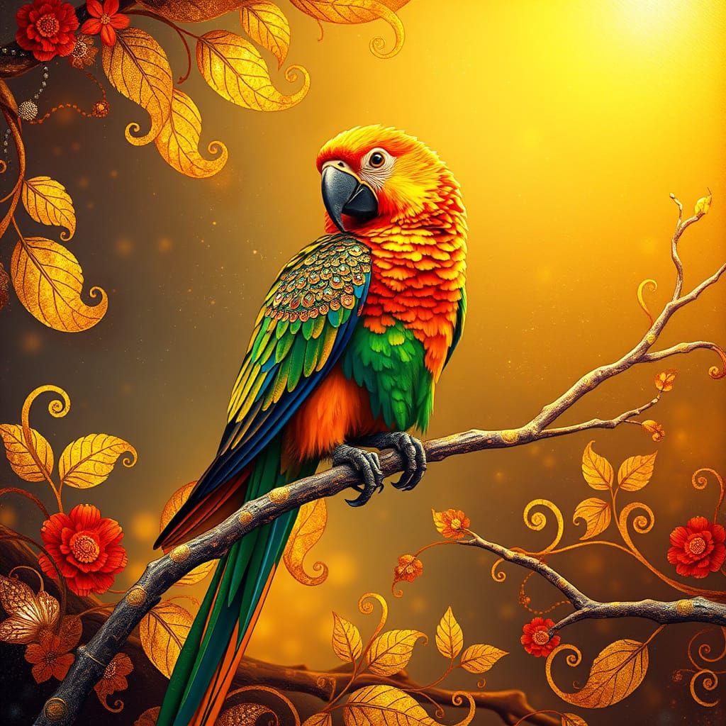 Vibrant, ornate parrot perched on a sun-kissed branch