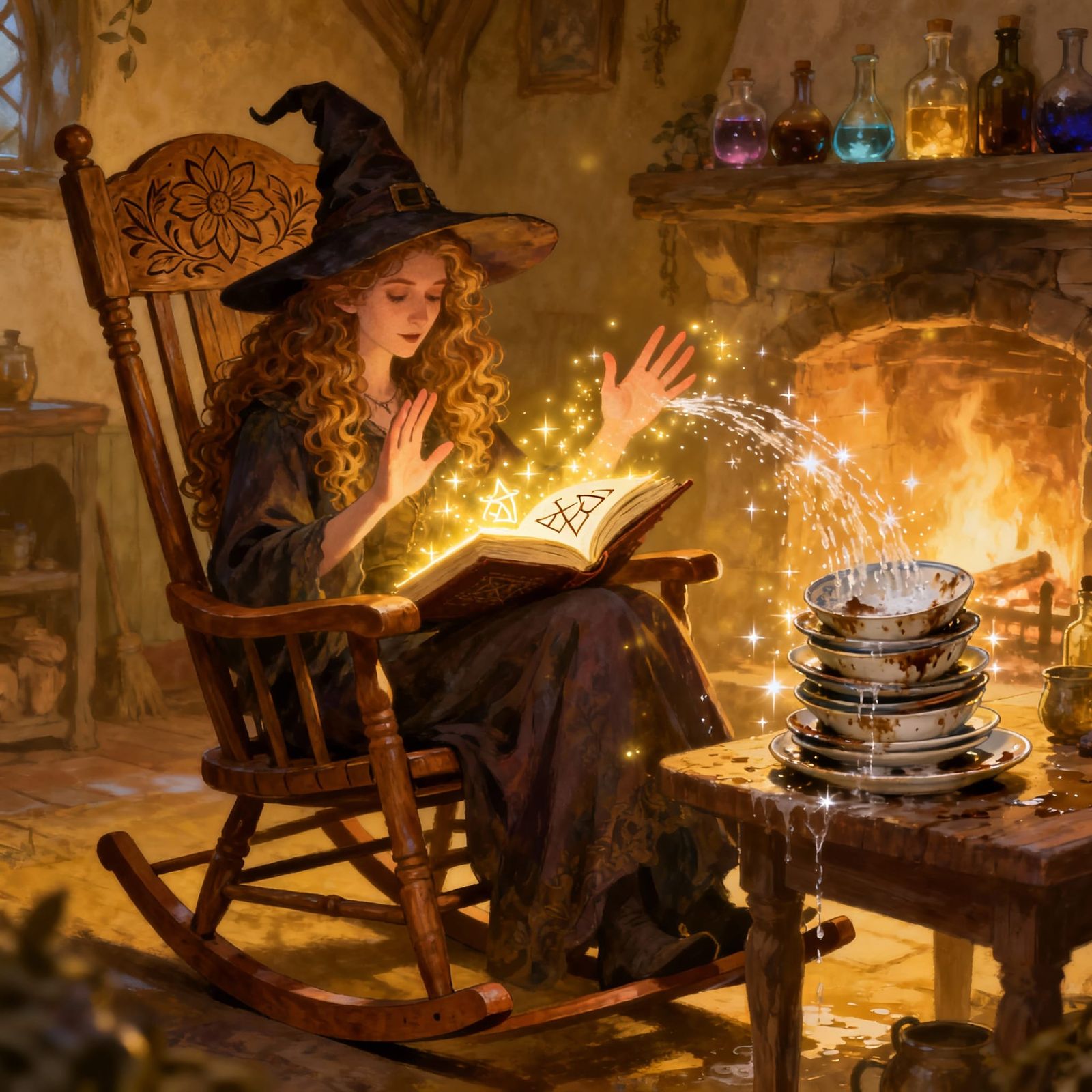 Witch Reading Spell Book While Doing Dishes With Magic
