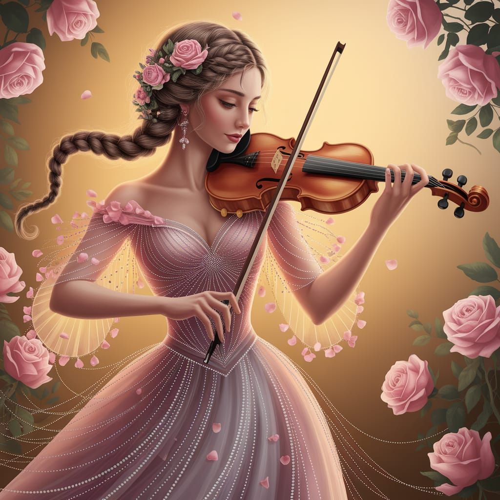 Lady with Rose Crown Playing Violin in Pastel Hues