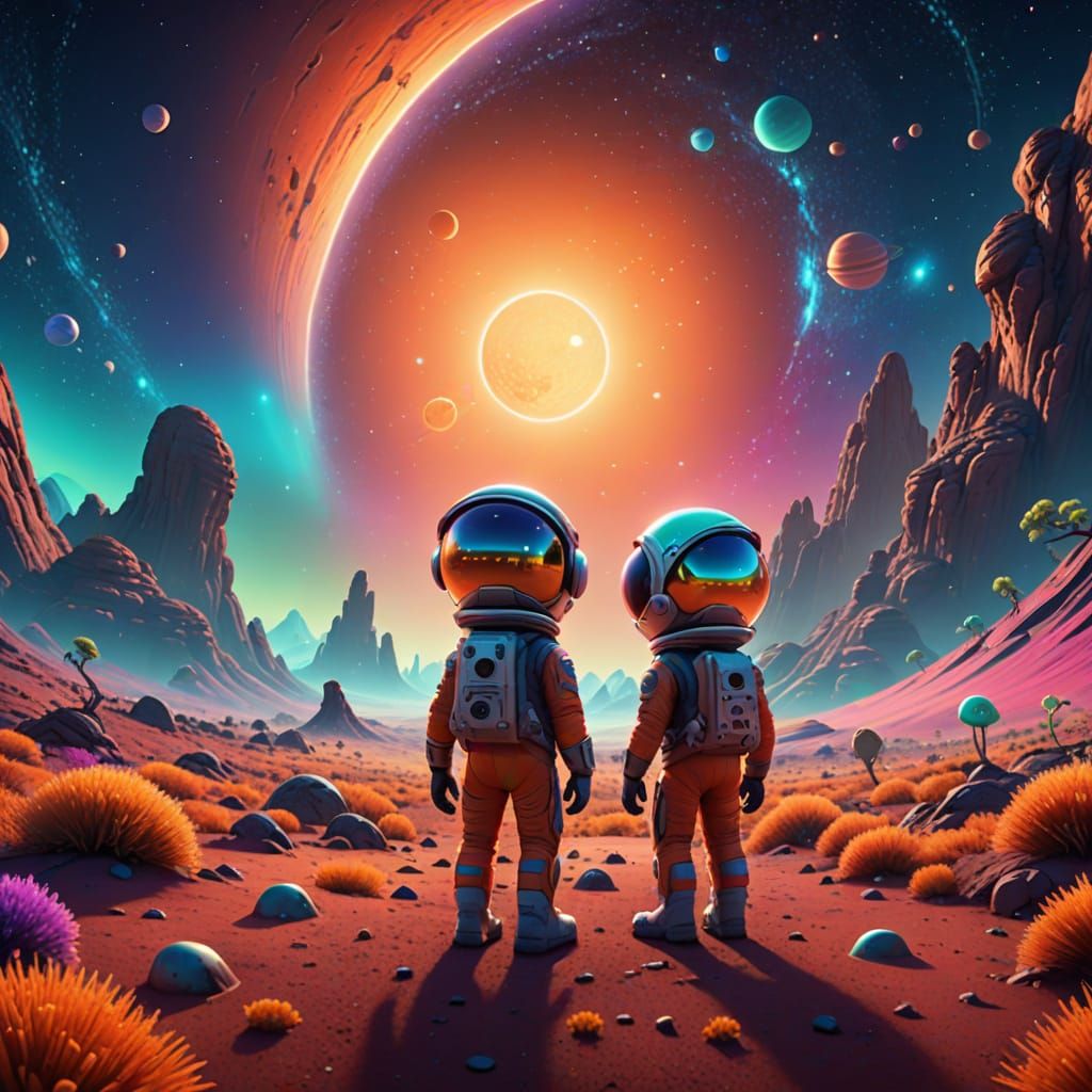A Young Astronaut Meets a Friendly Alien on a Vibrant Exopla...