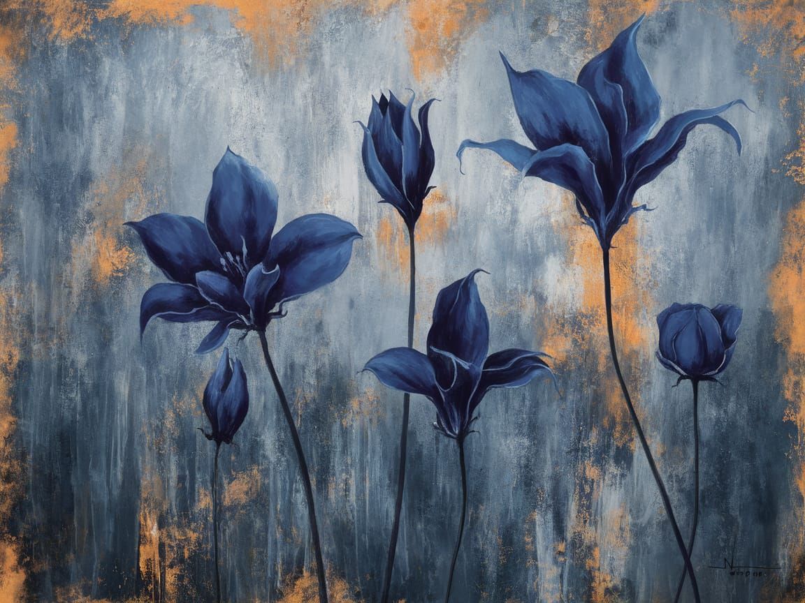 Vibrant Blue Blooms on Distressed Canvas