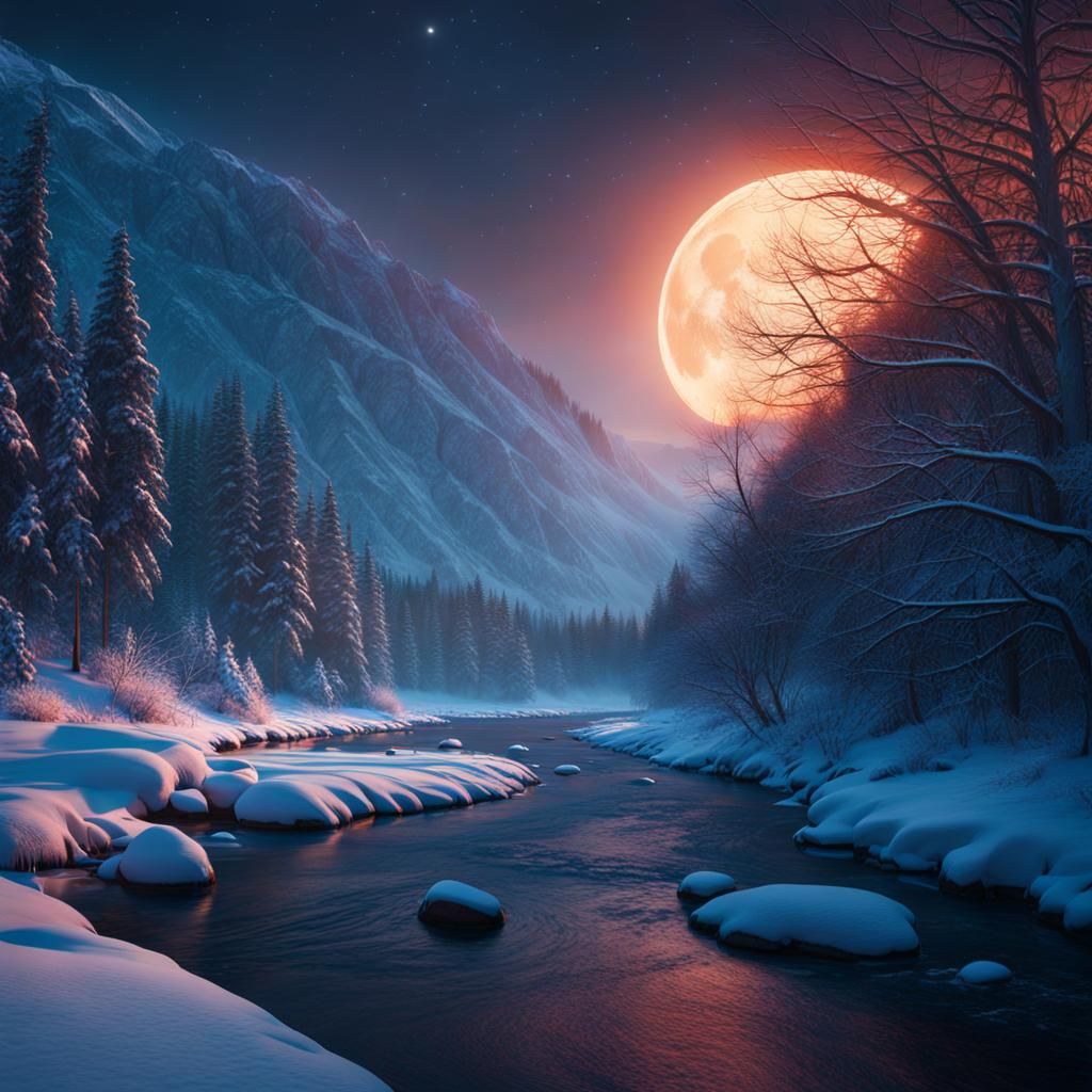 Snowy River at Night in Ultra Wide Angle