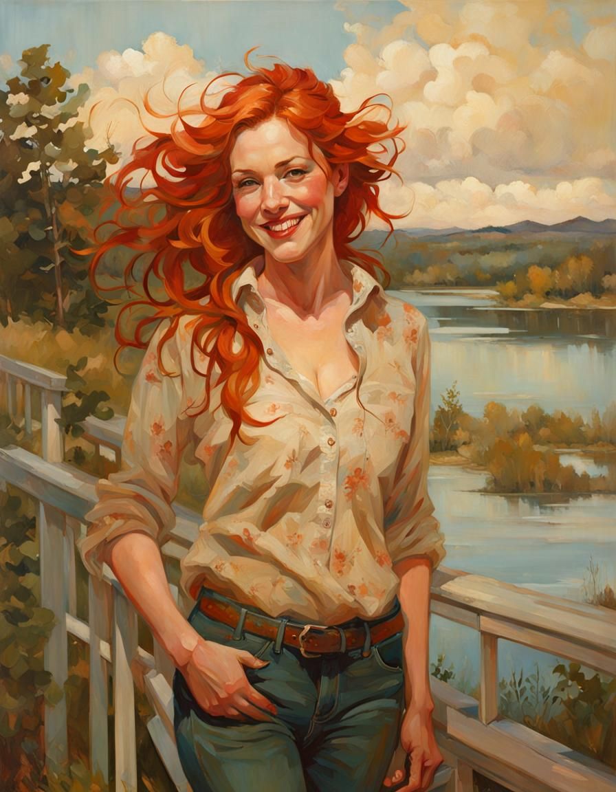 Smiling Redhead on Lake House Patio