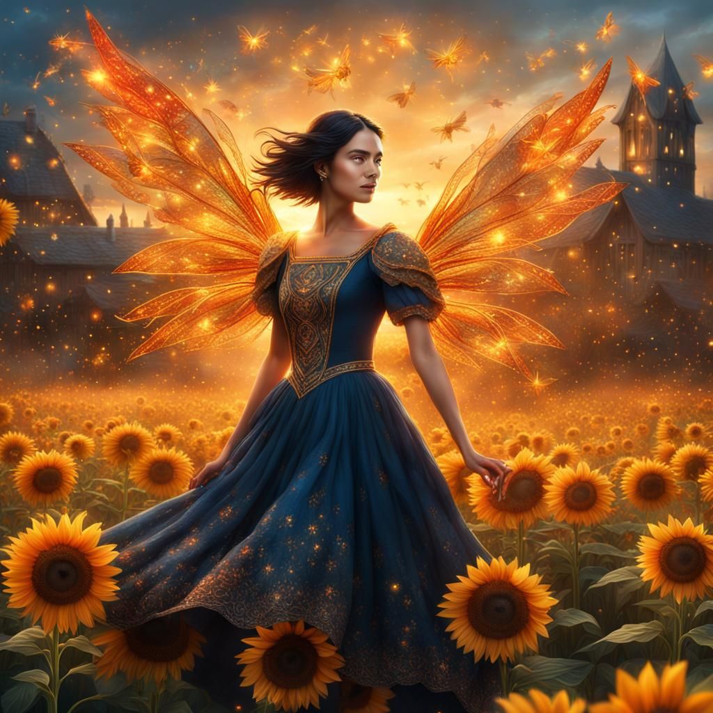 Fairy in Sunflower Field at Sunset