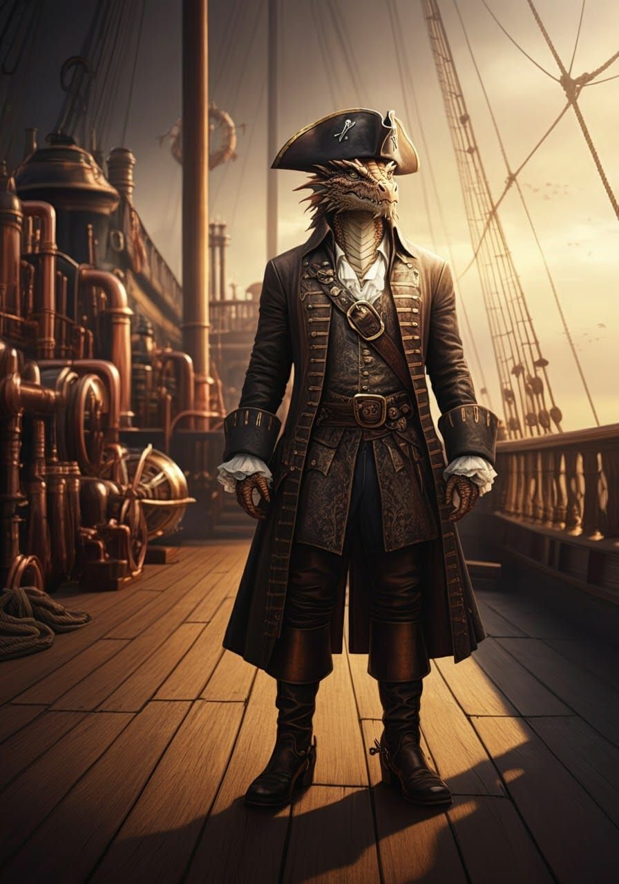 Dragon Pirate Captain on Steampunk Airship