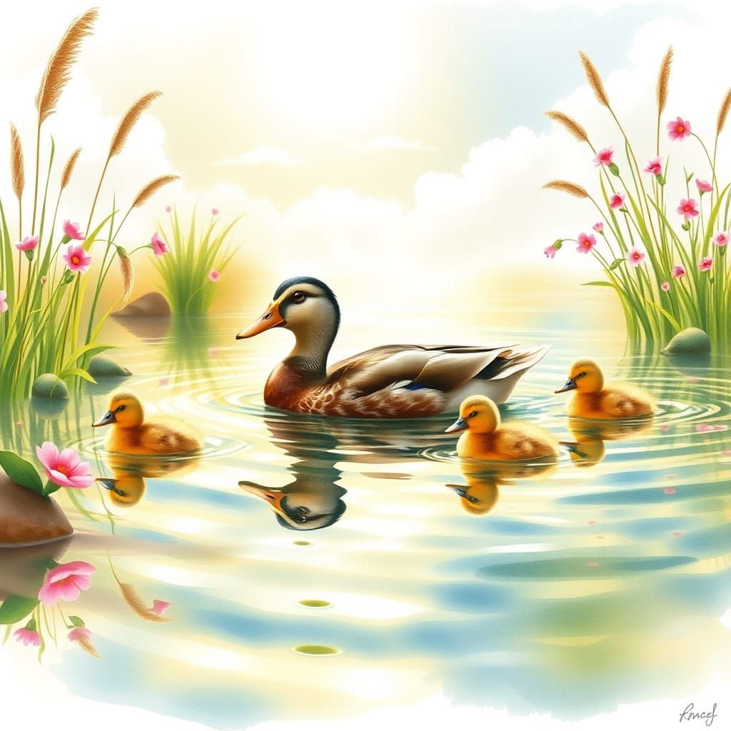 Serenely Swimming Mother Duck and Her Ducklings in a Golden ...